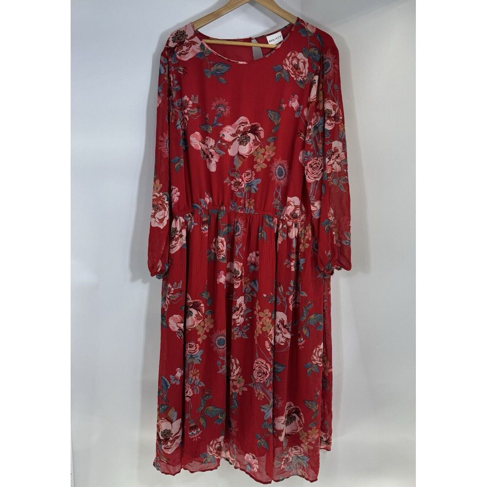 Ava & Viv Red Floral Long Sleeve Pleated Midi Dress Womens Plus Size 3X